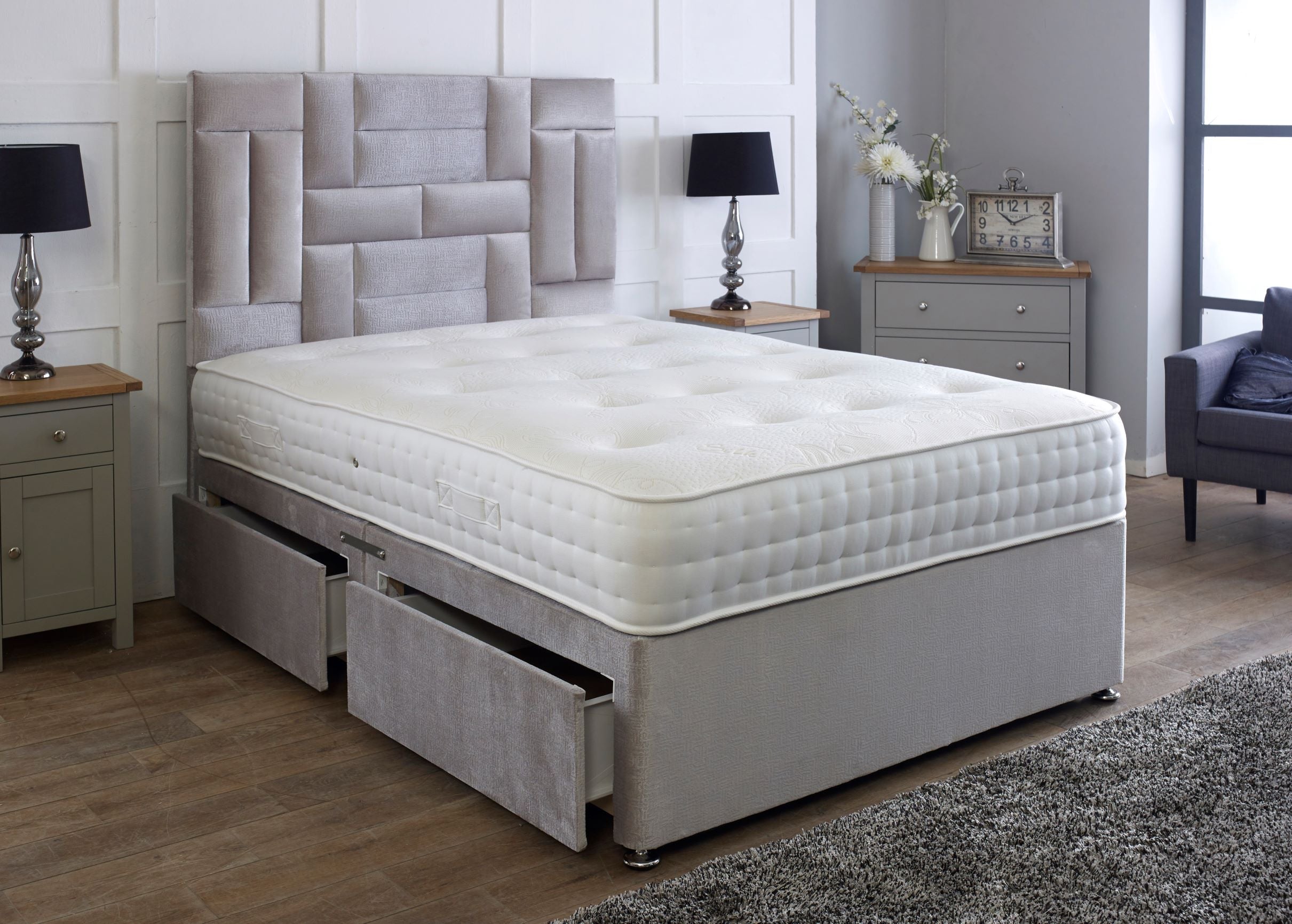 Medusa Divan Bed Finished With 54'' Floorstanding Multi Panel Headboard